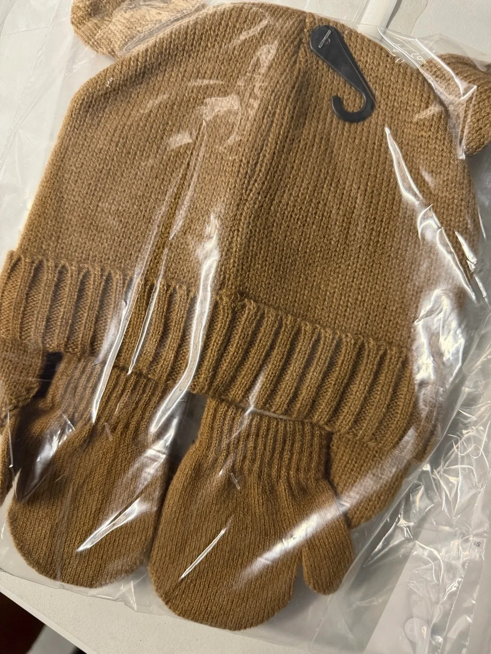 Baby Essentials Brown and White Knit Animal hat, and mittens NWT 0 to 12 months